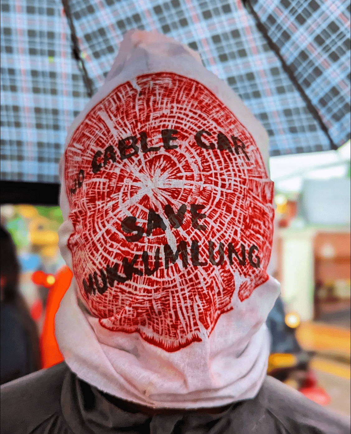 Mask carrying the rings of a tree trunk that was cut into two by the Nepal government; Photo credit: Mekh Limbu.